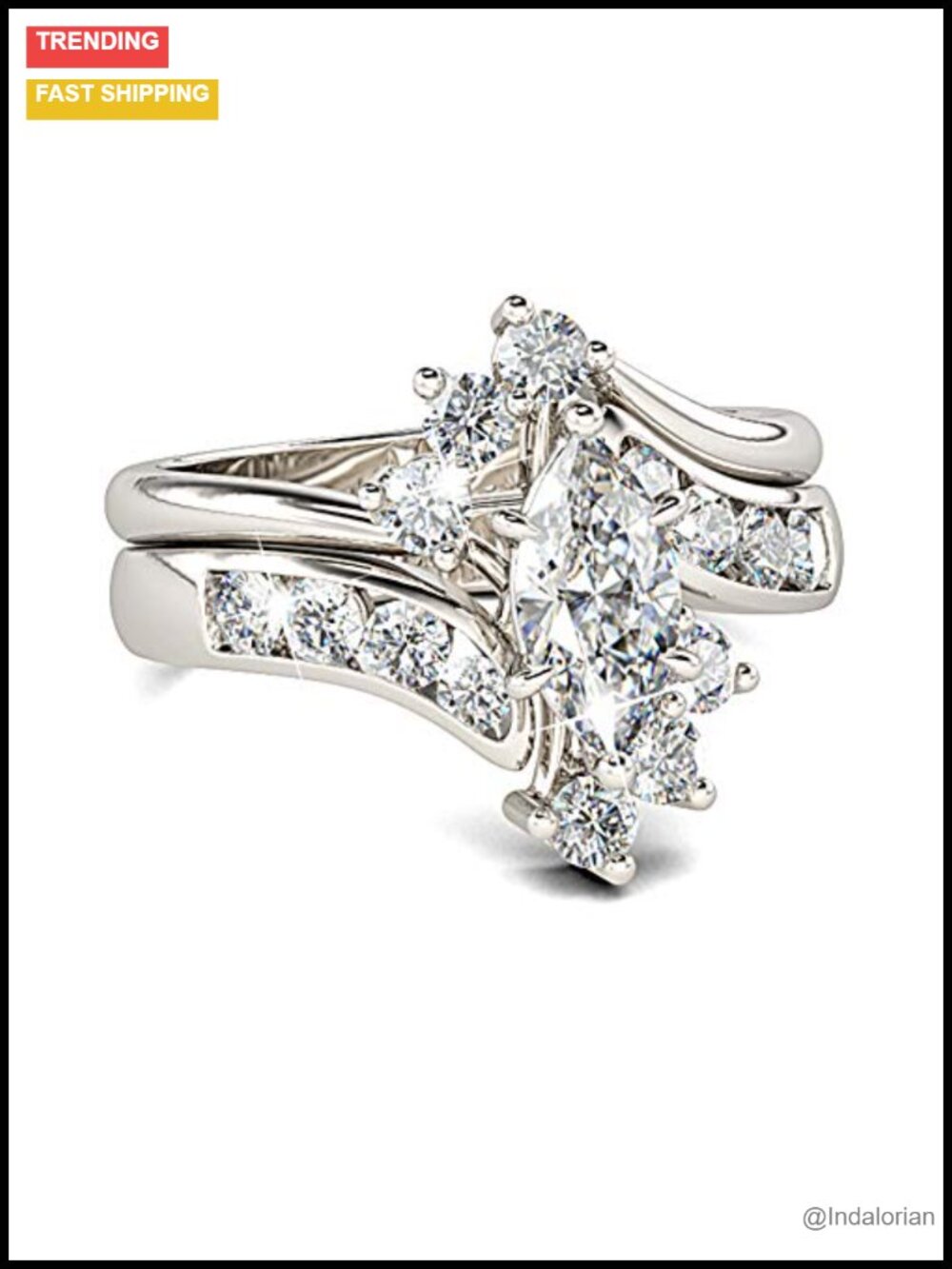 Sterling Silver Marquise Bridal Set CZ Wedding Rings Bypass Engagement
